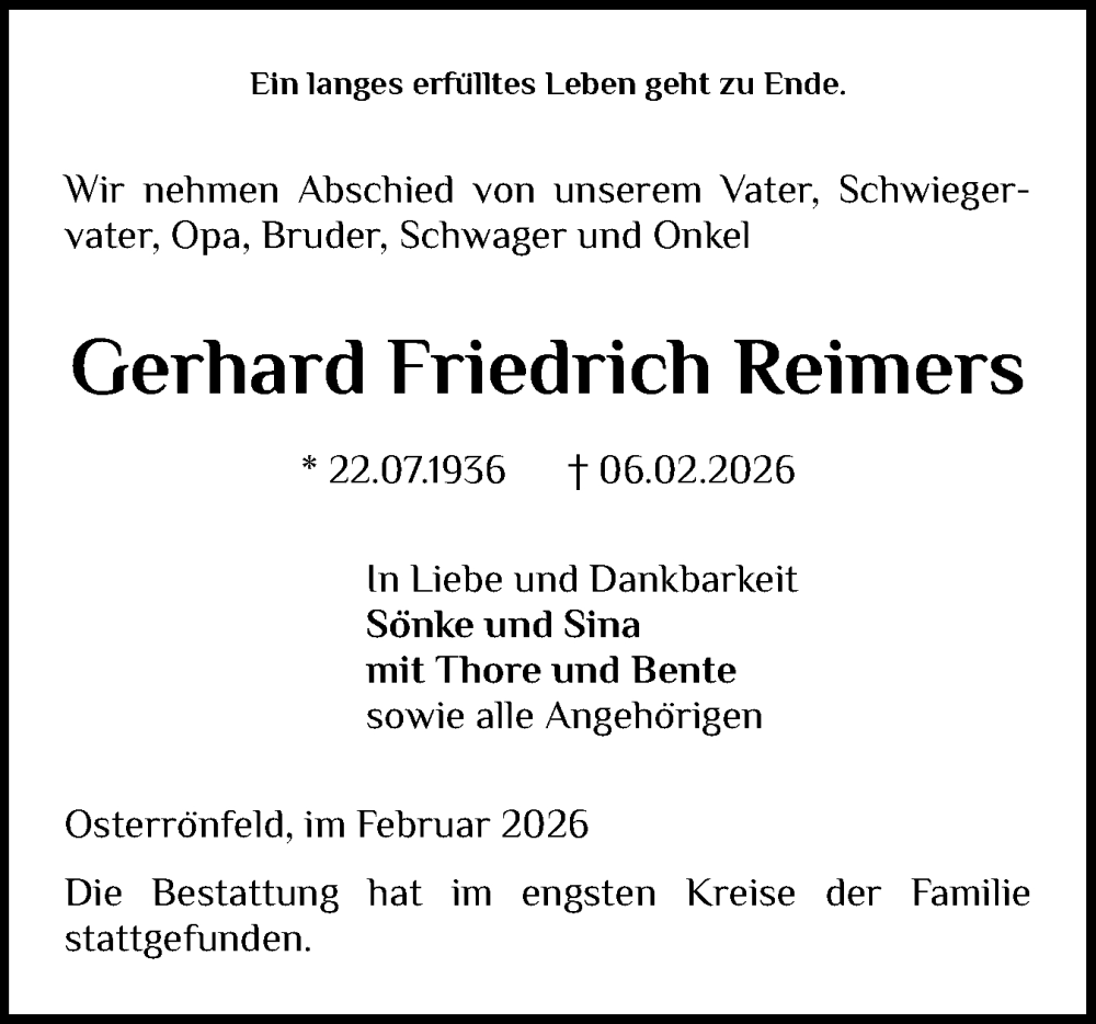  Traueranzeige für Gerhard Friedrich Reimers vom 21.02.2026 aus Schleswig-Holsteinische Landeszeitung