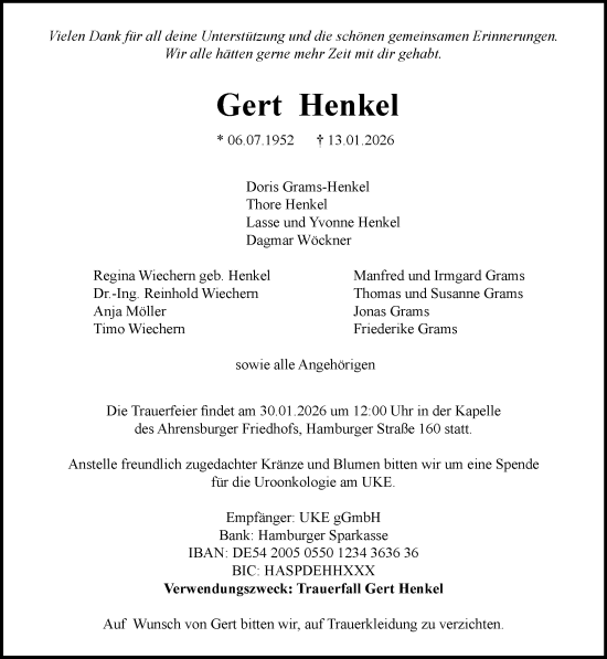 Traueranzeige von Gert Henkel von MARKT Ahrensburg/Bargteheide/Trittau und Stormarner Tageblatt