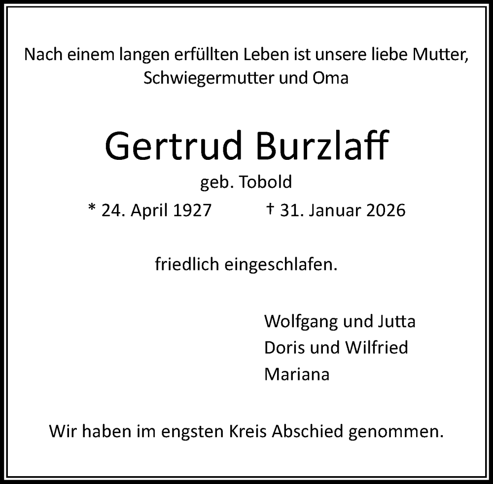 Traueranzeige für Gertrud Burzlaff vom 14.02.2026 aus MARKT Ahrensburg/Bargteheide/Trittau und Stormarner Tageblatt