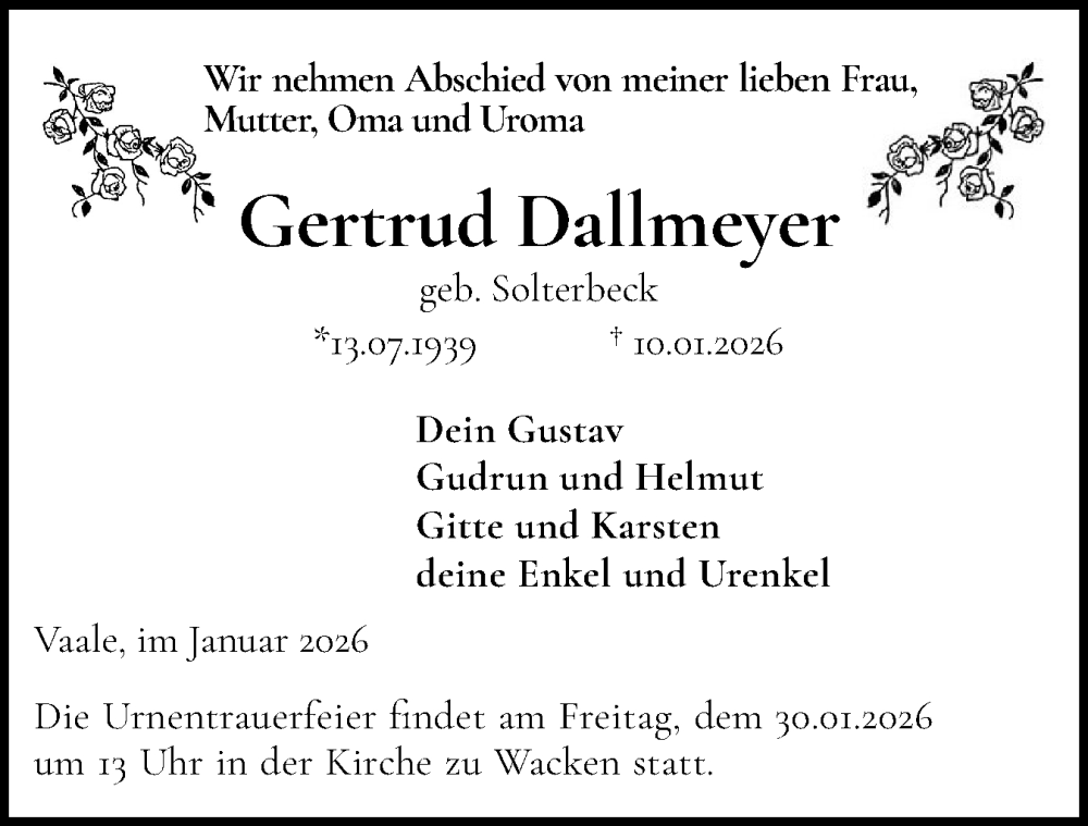  Traueranzeige für Gertrud Dallmeyer vom 24.01.2026 aus Schleswig-Holsteinische Landeszeitung