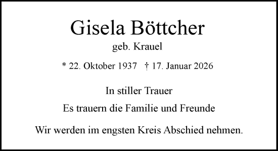 Traueranzeige von Gisela Böttcher von MARKT Ratzeburg/Mölln