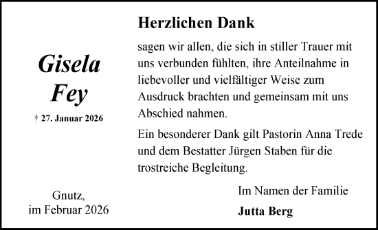 Traueranzeige von Gisela Fey von Schleswig-Holsteinische Landeszeitung