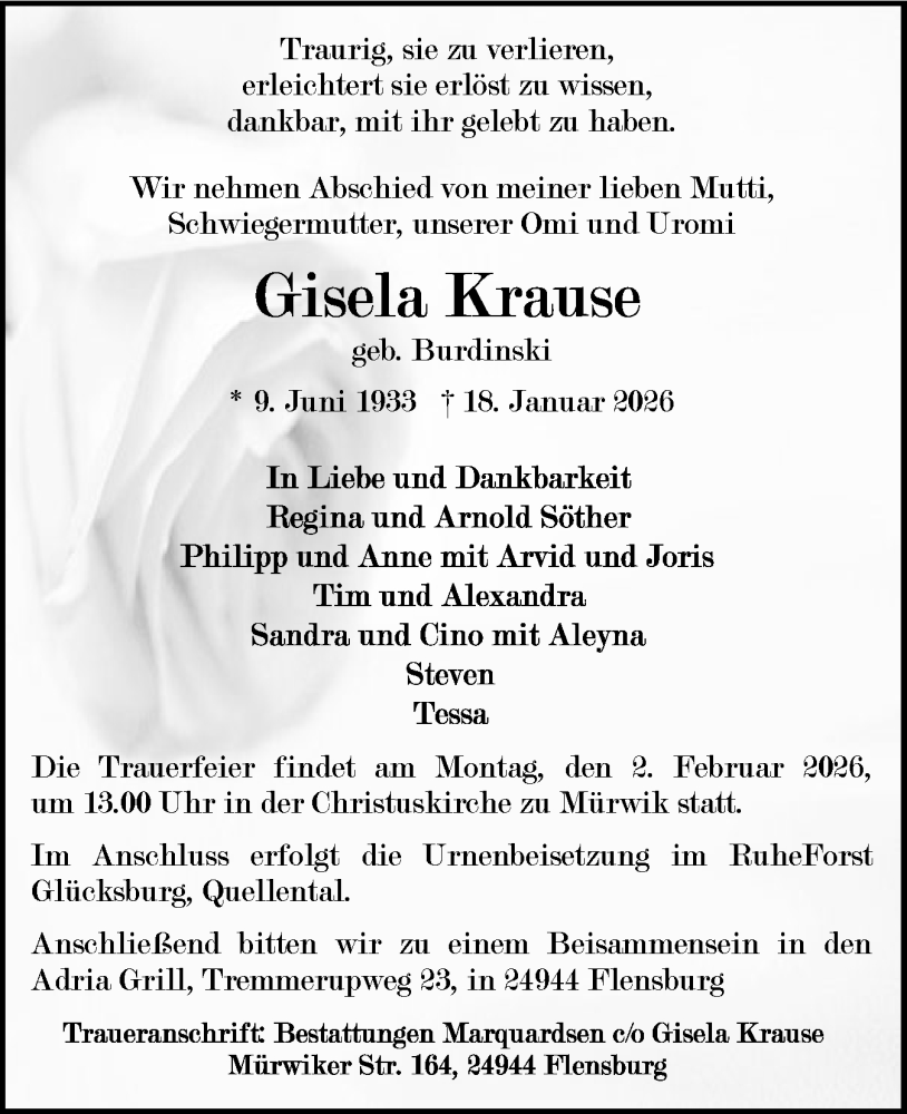  Traueranzeige für Gisela Krause vom 24.01.2026 aus Flensburger Tageblatt