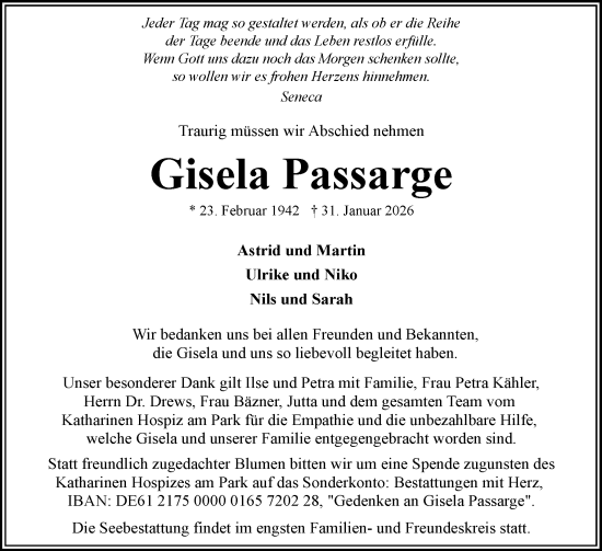 Traueranzeige von Gisela Passarge von Flensburger Tageblatt