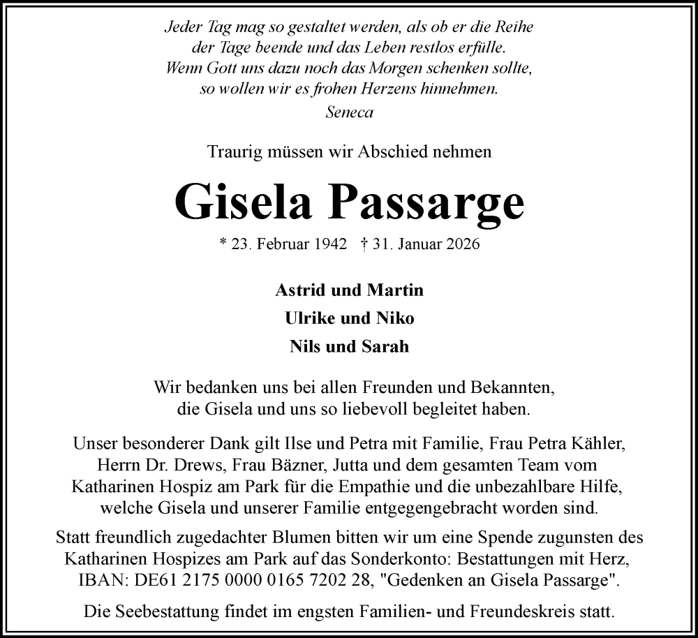  Traueranzeige für Gisela Passarge vom 14.02.2026 aus Flensburger Tageblatt