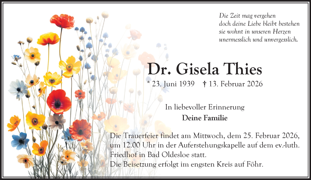  Traueranzeige für Gisela Thies vom 21.02.2026 aus MARKT Bad Oldesloe/Reinfeld und Stormarner Tageblatt