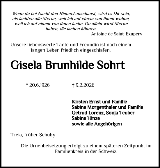 Traueranzeige von Gisela Brunhilde Sohrt von Sylter Rundschau