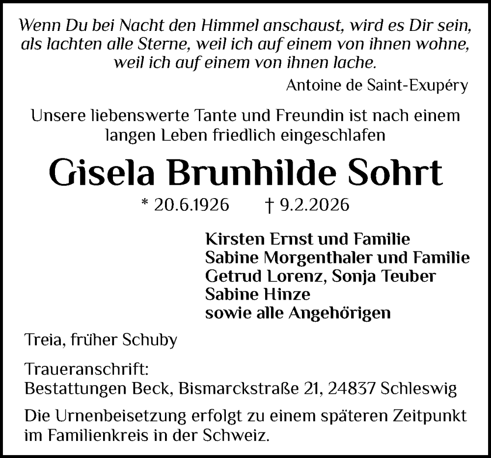  Traueranzeige für Gisela Brunhilde Sohrt vom 14.02.2026 aus Schleswiger Nachrichten, Schlei-Bote
