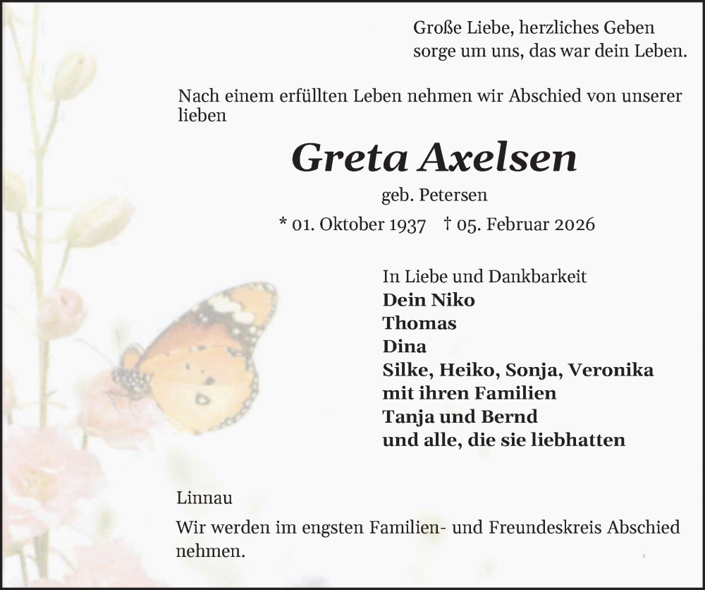  Traueranzeige für Greta Axelsen vom 14.02.2026 aus Flensburger Tageblatt
