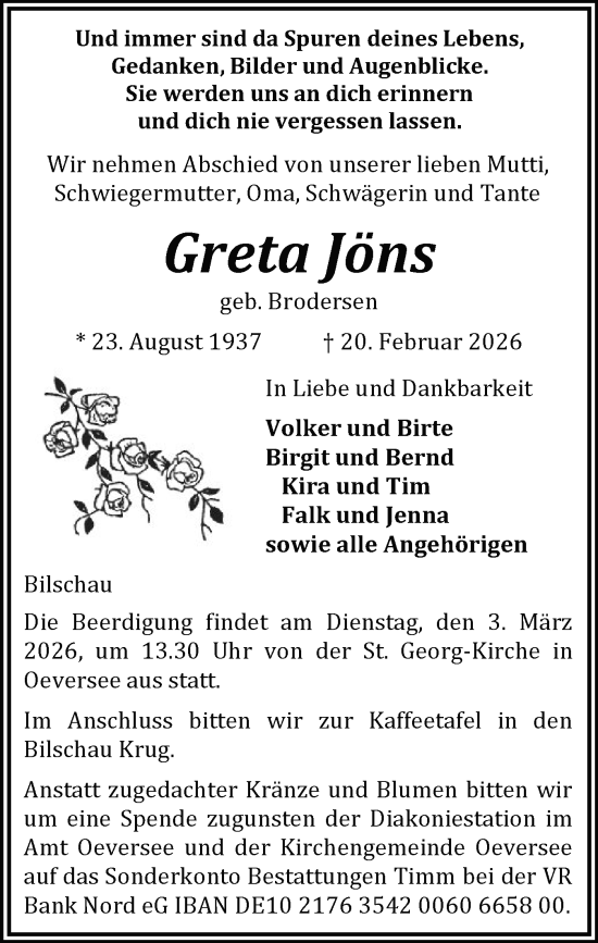 Traueranzeige von Greta Jöns von Flensburger Tageblatt, Schleswiger Nachrichten, Schlei-Bote