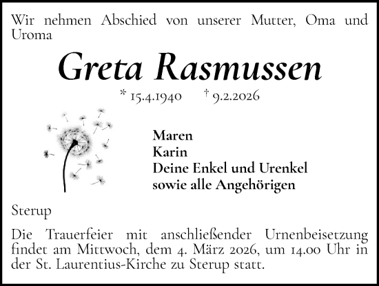 Traueranzeige von Greta Rasmussen von Flensburger Tageblatt
