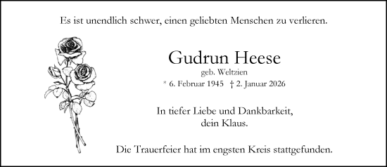 Traueranzeige von Gudrun Heese von Wochenend Anzeiger