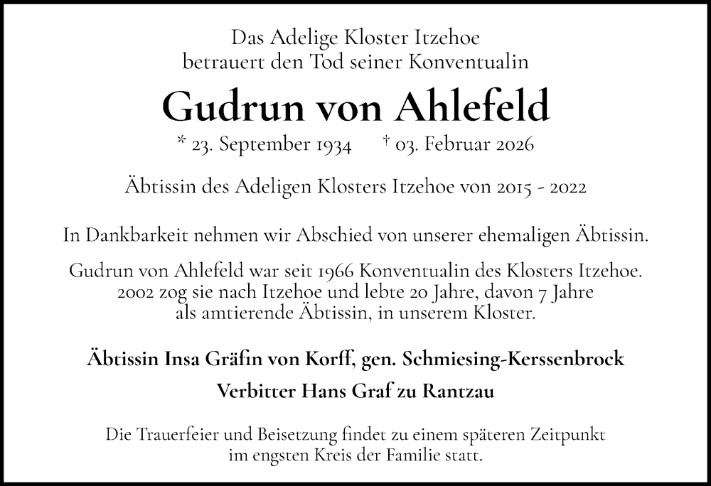  Traueranzeige für Gudrun von Ahlefeld vom 21.02.2026 aus Norddeutsche Rundschau, Wilstersche Zeitung, Glückstädter Fortuna