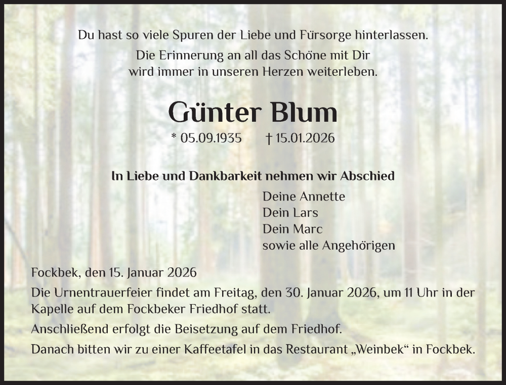  Traueranzeige für Günter Blum vom 24.01.2026 aus Schleswig-Holsteinische Landeszeitung