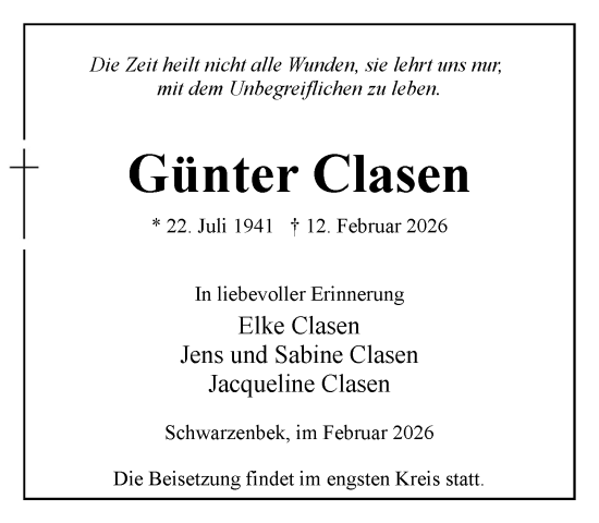 Traueranzeige von Günter Clasen von Wochenend Anzeiger