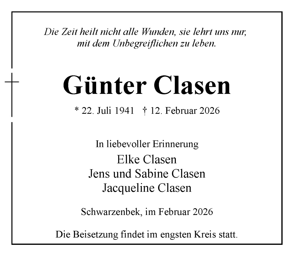  Traueranzeige für Günter Clasen vom 21.02.2026 aus Wochenend Anzeiger
