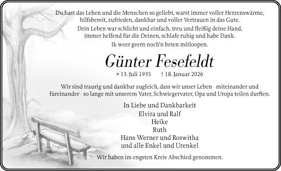 Traueranzeige von Günter Fesefeldt von Uetersener Nachrichten, Der tip am Wochenende