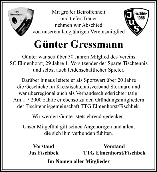 Traueranzeige von Günter Gressmann von MARKT Bad Oldesloe/Reinfeld, MARKT Ahrensburg/Bargteheide/Trittau und Stormarner Tageblatt