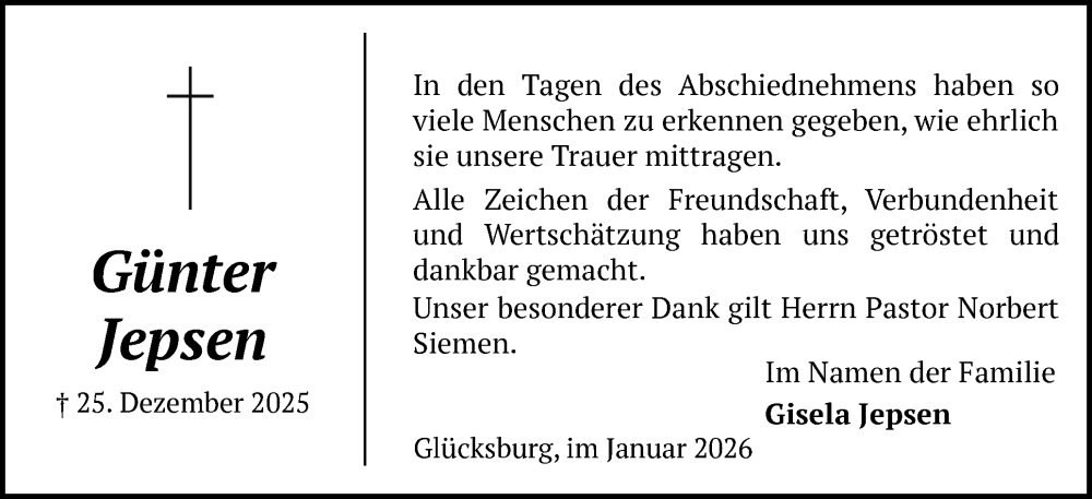  Traueranzeige für Günter Jepsen vom 24.01.2026 aus Flensburger Tageblatt