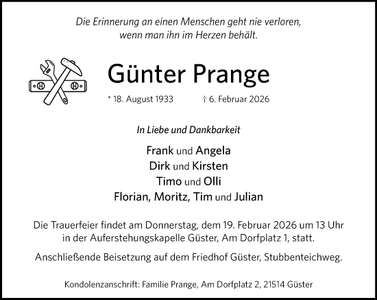 Traueranzeige von Günter Prange von Wochenend Anzeiger