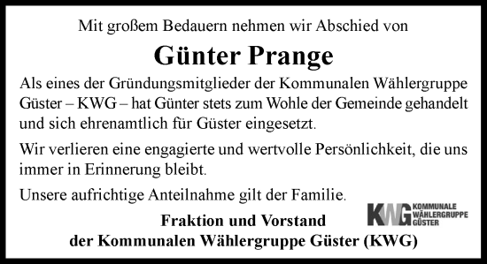 Traueranzeige von Günter Prange von Wochenend Anzeiger