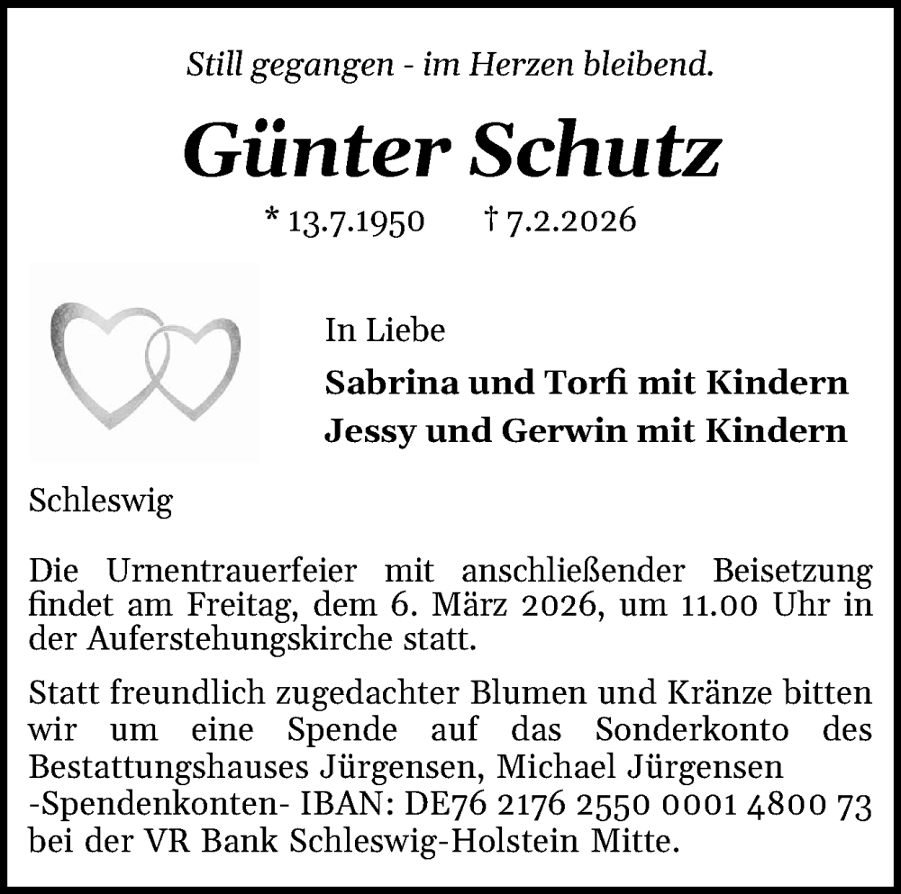  Traueranzeige für Günter Schutz vom 21.02.2026 aus Schleswiger Nachrichten, Schlei-Bote