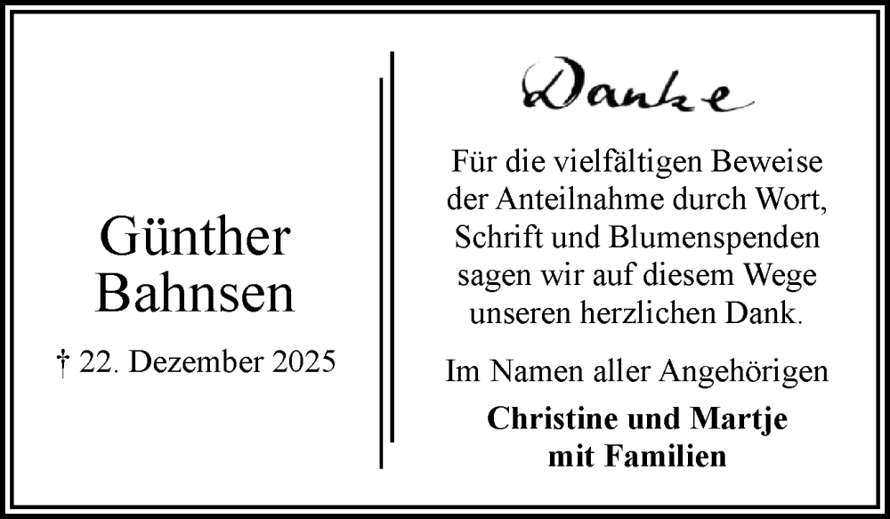  Traueranzeige für Günther Bahnsen vom 07.02.2026 aus Husumer Nachrichten, Nordfriesland Tageblatt