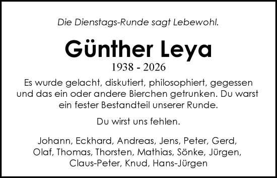 Traueranzeige von Günther Leya von Schleswig-Holsteinische Landeszeitung