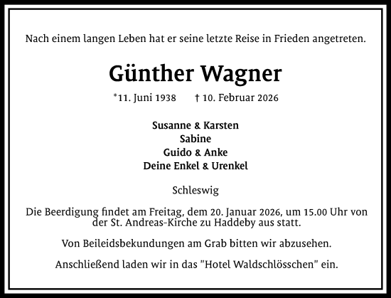 Traueranzeige von Günther Wagner von Schleswiger Nachrichten, Schlei-Bote