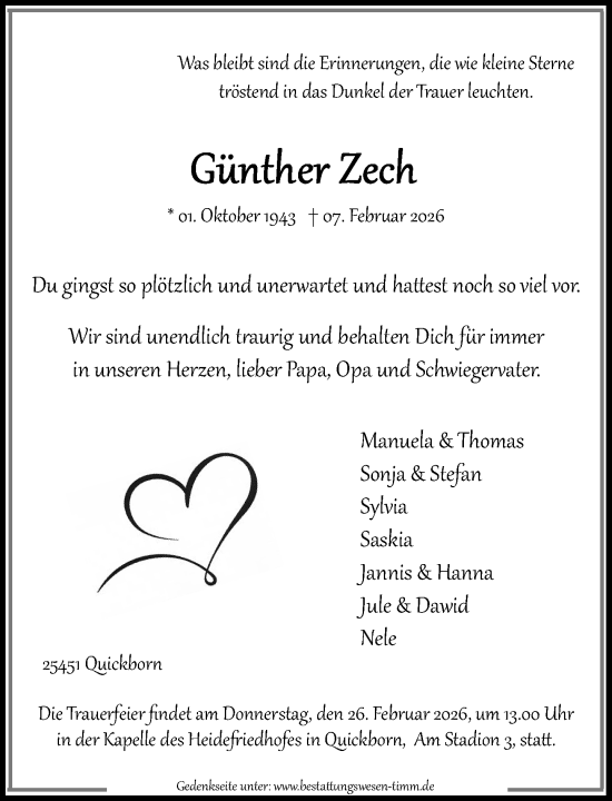 Traueranzeige von Günther Zech von Umschau