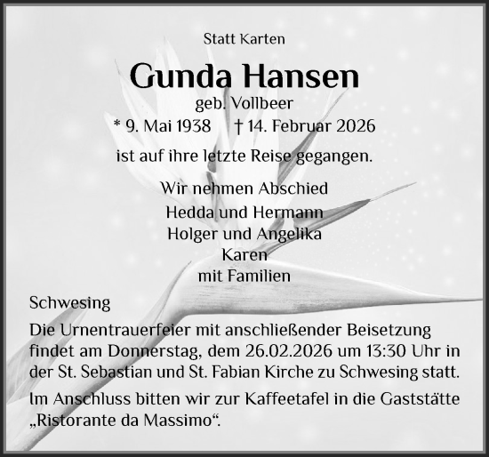 Traueranzeige von Gunda Hansen von Husumer Nachrichten, Nordfriesland Tageblatt