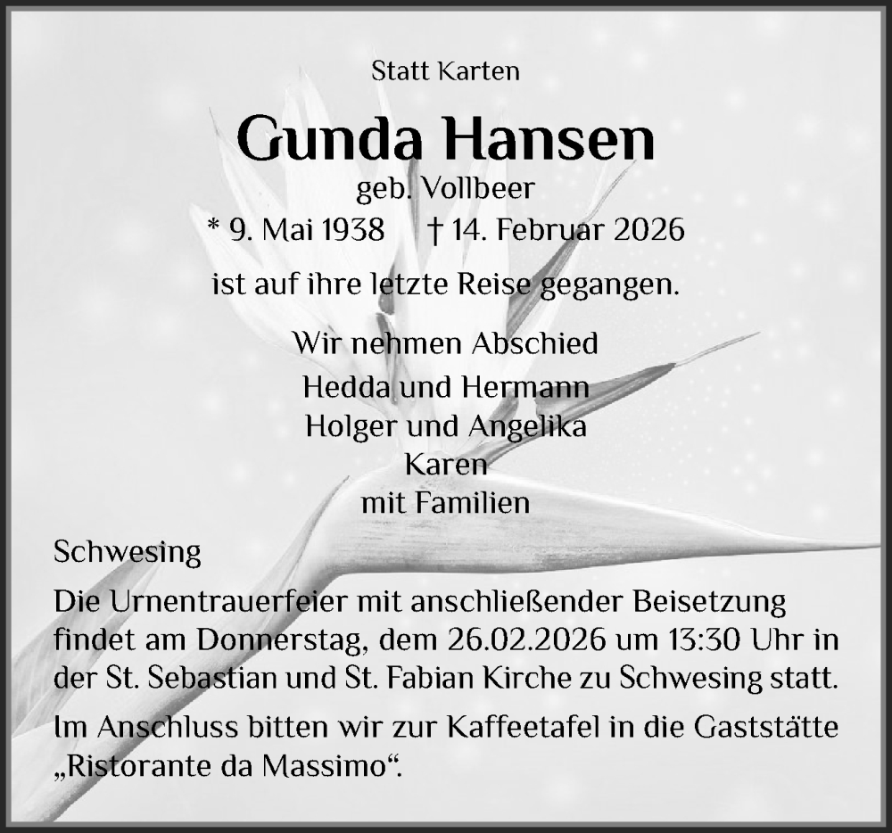  Traueranzeige für Gunda Hansen vom 21.02.2026 aus Husumer Nachrichten, Nordfriesland Tageblatt