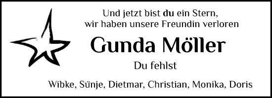 Traueranzeige von Gunda Möller von Husumer Nachrichten, Nordfriesland Tageblatt