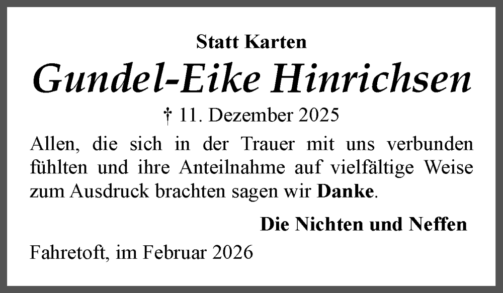 Traueranzeige für Gundel-Eike Hinrichsen vom 07.02.2026 aus Region Westküste