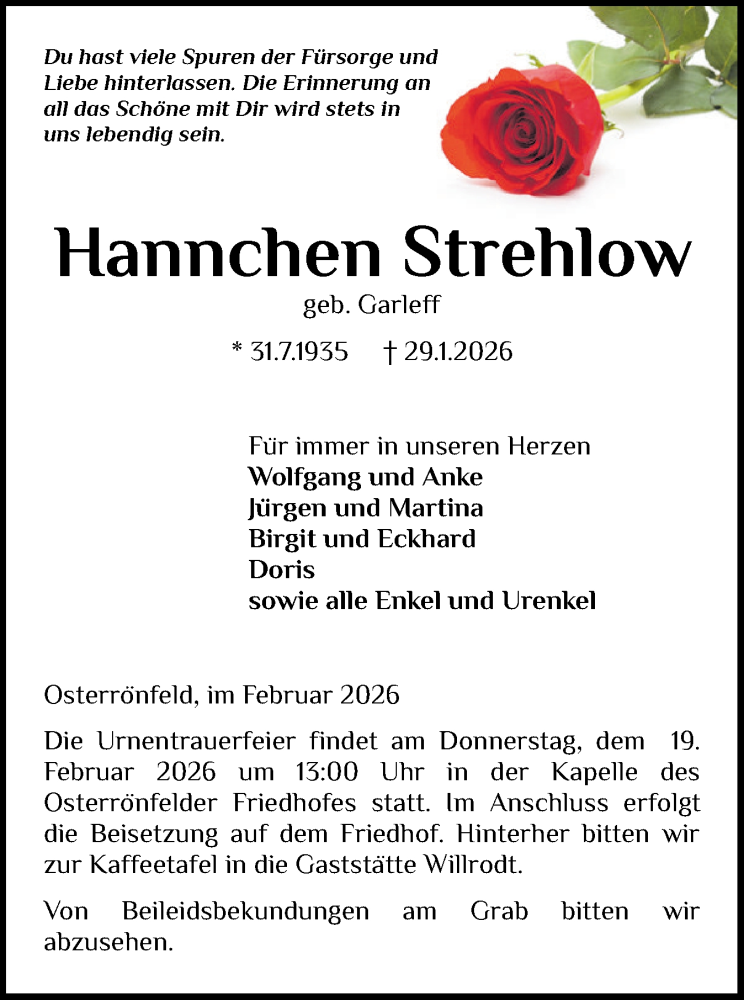 Traueranzeige für Hannchen Strehlow vom 14.02.2026 aus Schleswig-Holsteinische Landeszeitung