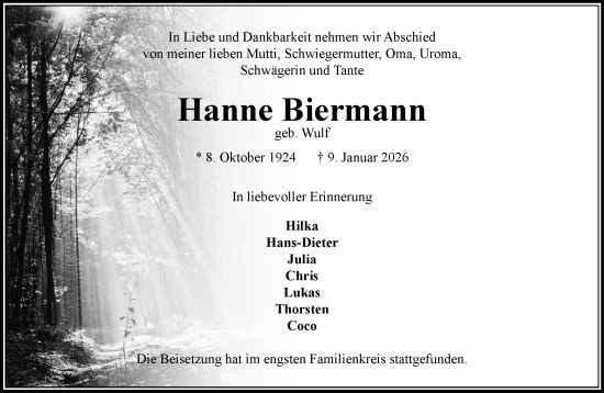 Traueranzeige von Hanne Biermann von MARKT Ahrensburg/Bargteheide/Trittau und Stormarner Tageblatt