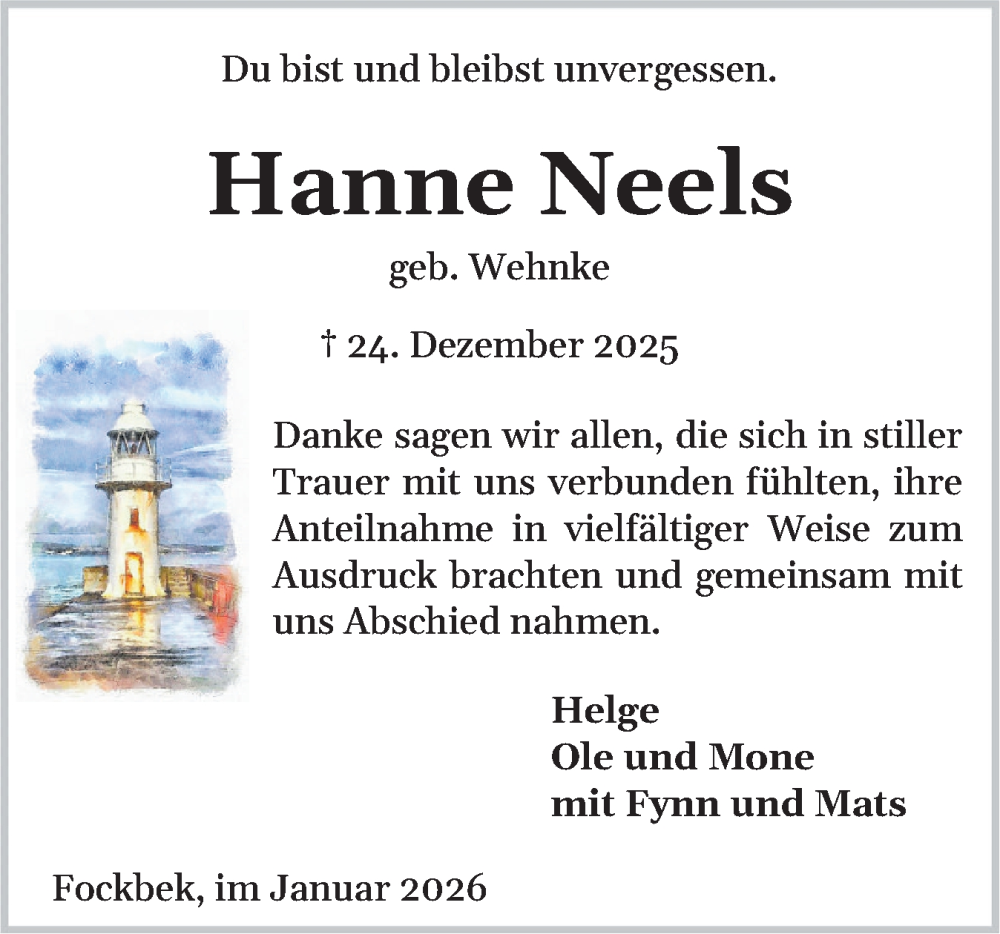  Traueranzeige für Hanne Neels vom 24.01.2026 aus Schleswig-Holsteinische Landeszeitung