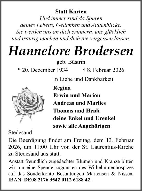 Traueranzeige von Hannelore Brodersen von Husumer Nachrichten, Nordfriesland Tageblatt