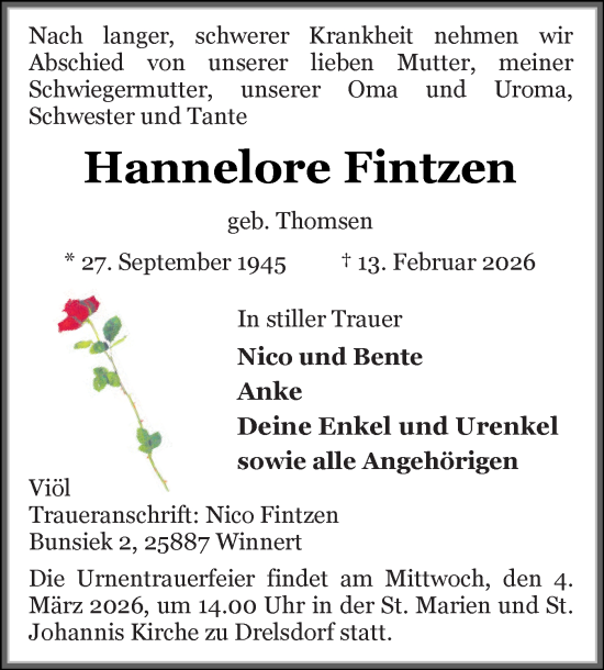 Traueranzeige von Hannelore Fintzen von Husumer Nachrichten, Nordfriesland Tageblatt