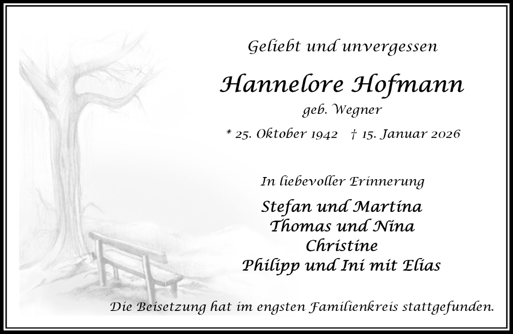  Traueranzeige für Hannelore Hofmann vom 14.02.2026 aus Wochenend Anzeiger