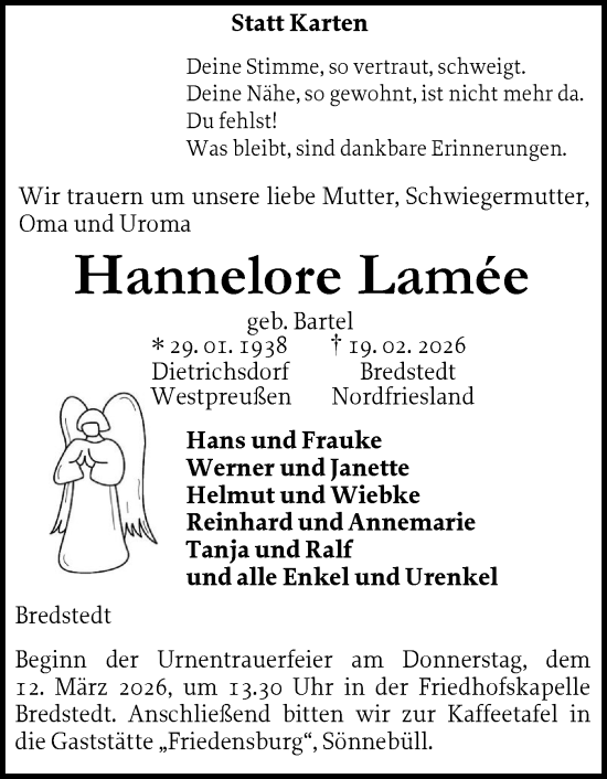 Traueranzeige von Hannelore Lamée von Husumer Nachrichten, Nordfriesland Tageblatt