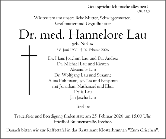 Traueranzeige von Hannelore Lau von Norddeutsche Rundschau, Wilstersche Zeitung, Glückstädter Fortuna