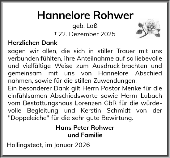 Traueranzeige von Hannelore Rohwer von Schleswiger Nachrichten, Schlei-Bote