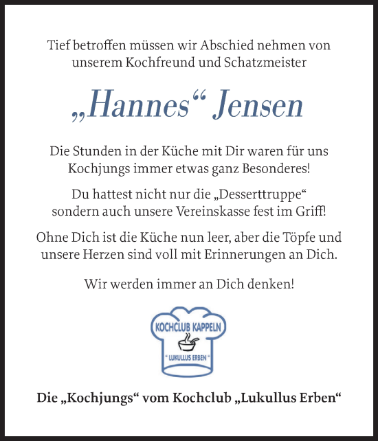 Traueranzeige von Hannes Jensen von Schleswiger Nachrichten, Schlei-Bote