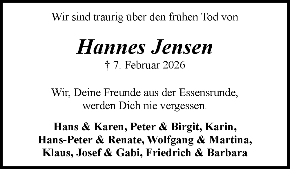  Traueranzeige für Hannes Jensen vom 21.02.2026 aus Schleswiger Nachrichten, Schlei-Bote