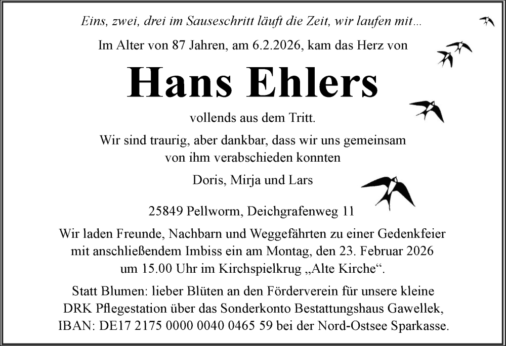  Traueranzeige für Hans Ehlers vom 13.02.2026 aus Husumer Nachrichten, Nordfriesland Tageblatt