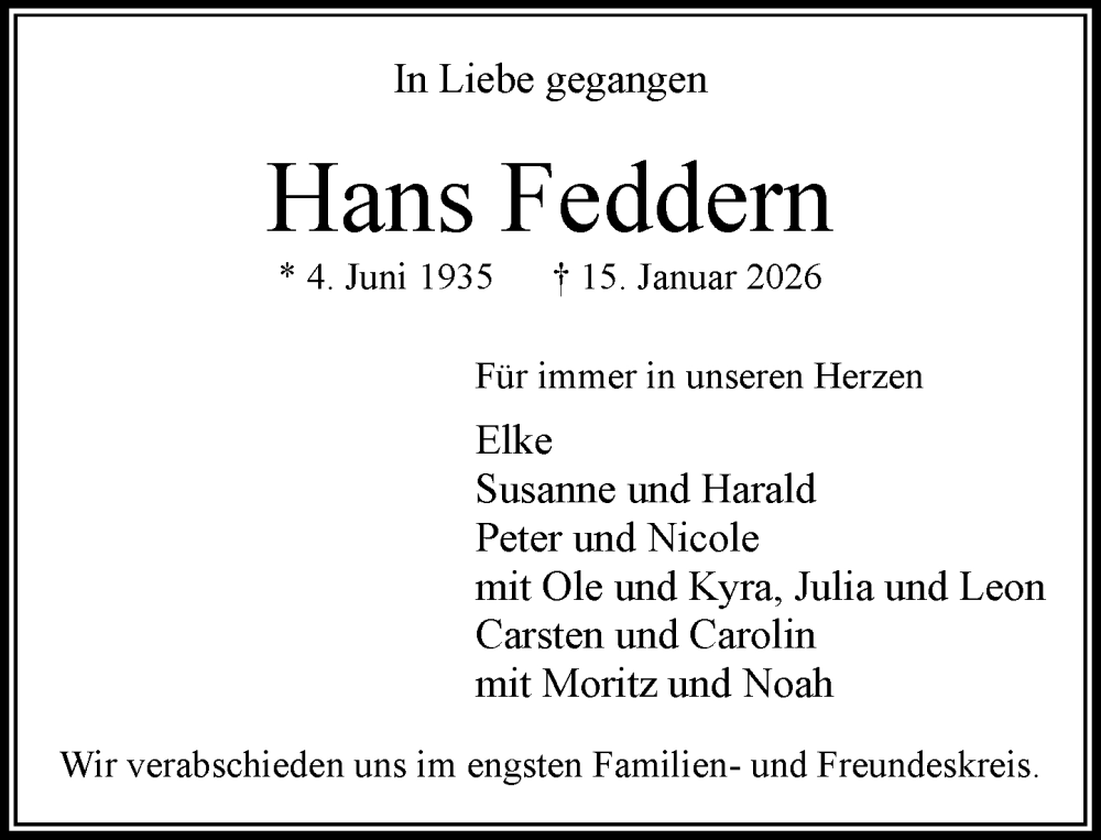  Traueranzeige für Hans Feddern vom 24.01.2026 aus MARKT Bad Oldesloe/Reinfeld und Stormarner Tageblatt