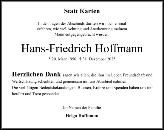 Traueranzeige von Hans-Friedrich Hoffmann von MARKT Bad Oldesloe/Reinfeld und Stormarner Tageblatt