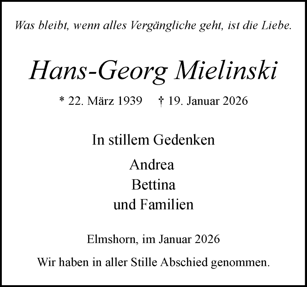  Traueranzeige für Hans-Georg Mielinski vom 24.01.2026 aus Elmshorner Nachrichten, Barmstedter Zeitung