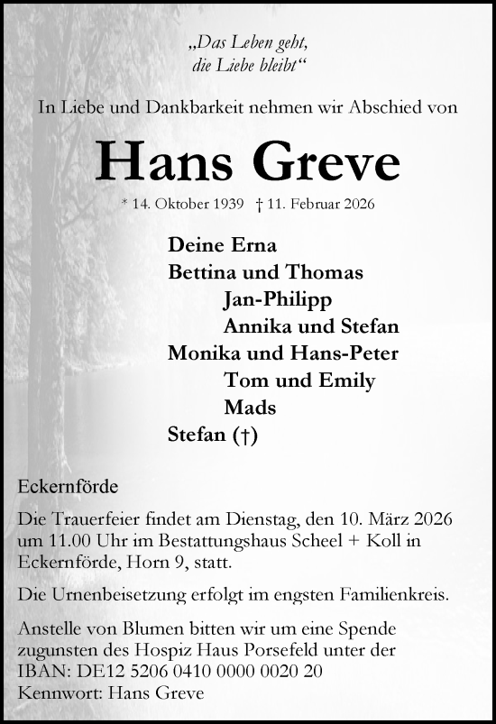 Traueranzeige von Hans Greve von Eckernförder Zeitung, Hallo Eckernförde